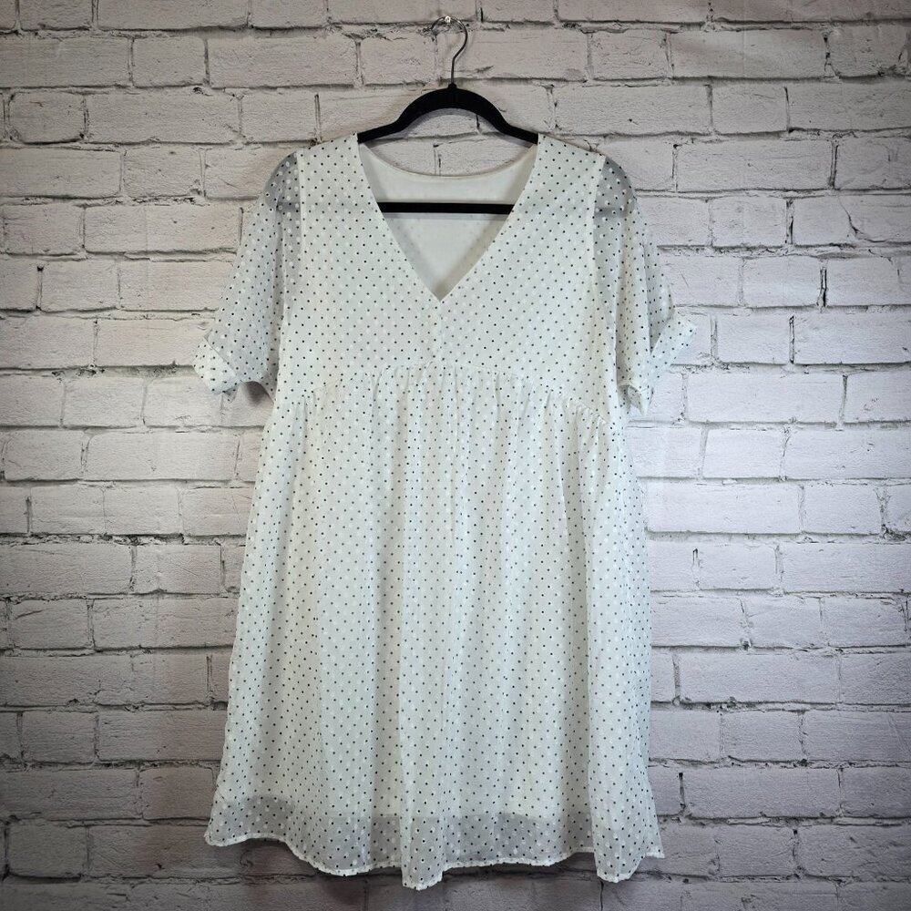 WHITE SHEER DRESS BLACK EMBOSSED POLKA DOT SHEER SLEEVE LINED SIZE S OVERSIZED - Picture 2 of 7